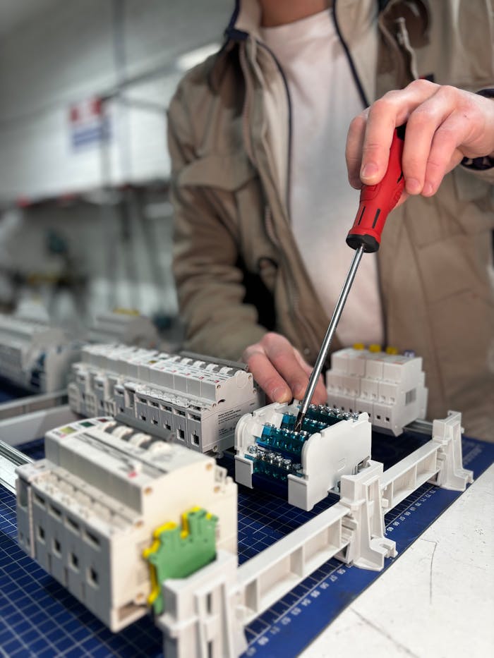 Elektro Rot GmbH Leiterplatte Ein Elektriker montiert in einer gut beleuchteten Werkstatt mit einem Schraubenzieher eine Leiterplatte.